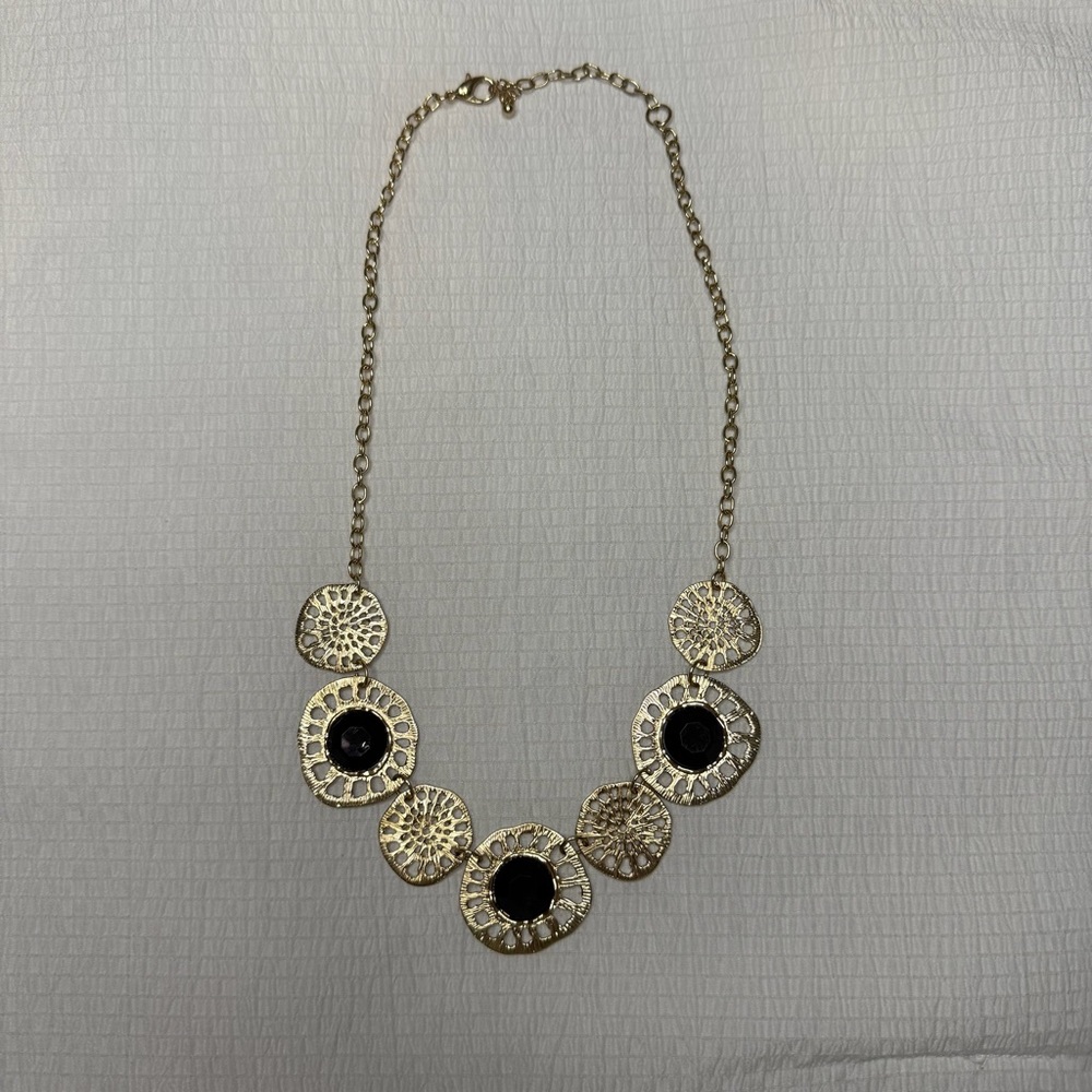 Gold Tone Statement Necklace with Black Accents
